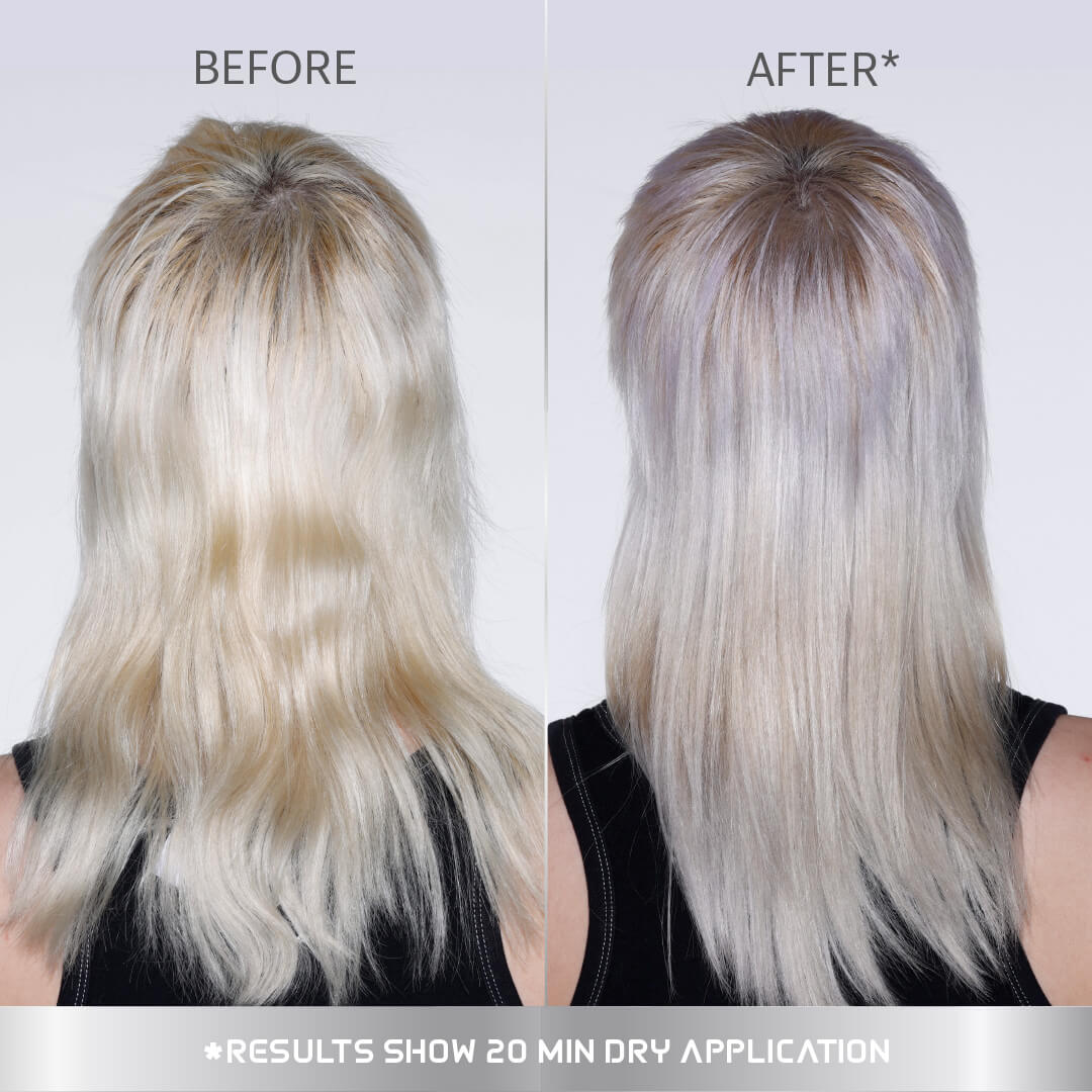 A photo of a model wearing Splat Platinum Blonde Hair Dye before and after back