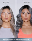 A photo of a model wearing Splat Titanium Hair Dye before and after front