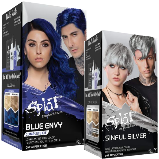 A box of Splat Hair Color's BLUE ENVY & Sinful Silver Hair Dye
