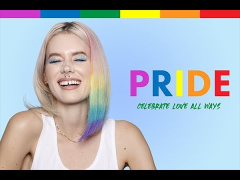 A photo of a model wearing multi color Splat Hair Dye for celebrating pride