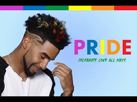 A photo of a model wearing multi color Splat Hair Dye for celebrating pride