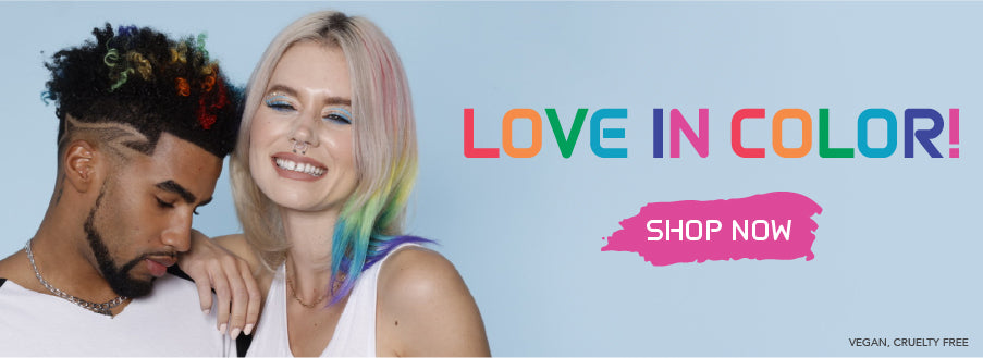 A photo of models wearing multi color Splat Hair Dye for celebrating pride 