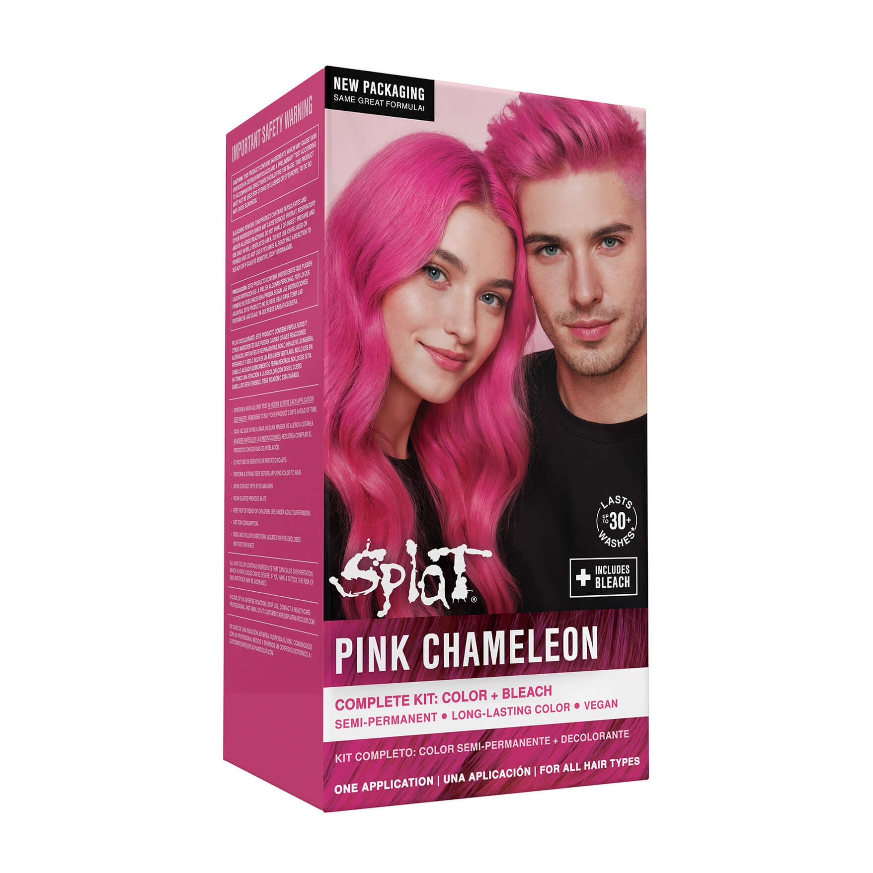 Spfot Pink Chameleon hair dye kit packaging with a man and woman with pink hair on a white background.