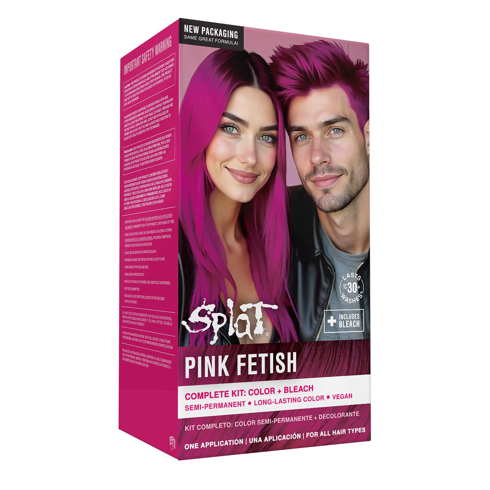 Spit Pink Fetish hair dye kit packaging with a man and woman with pink hair on a white background