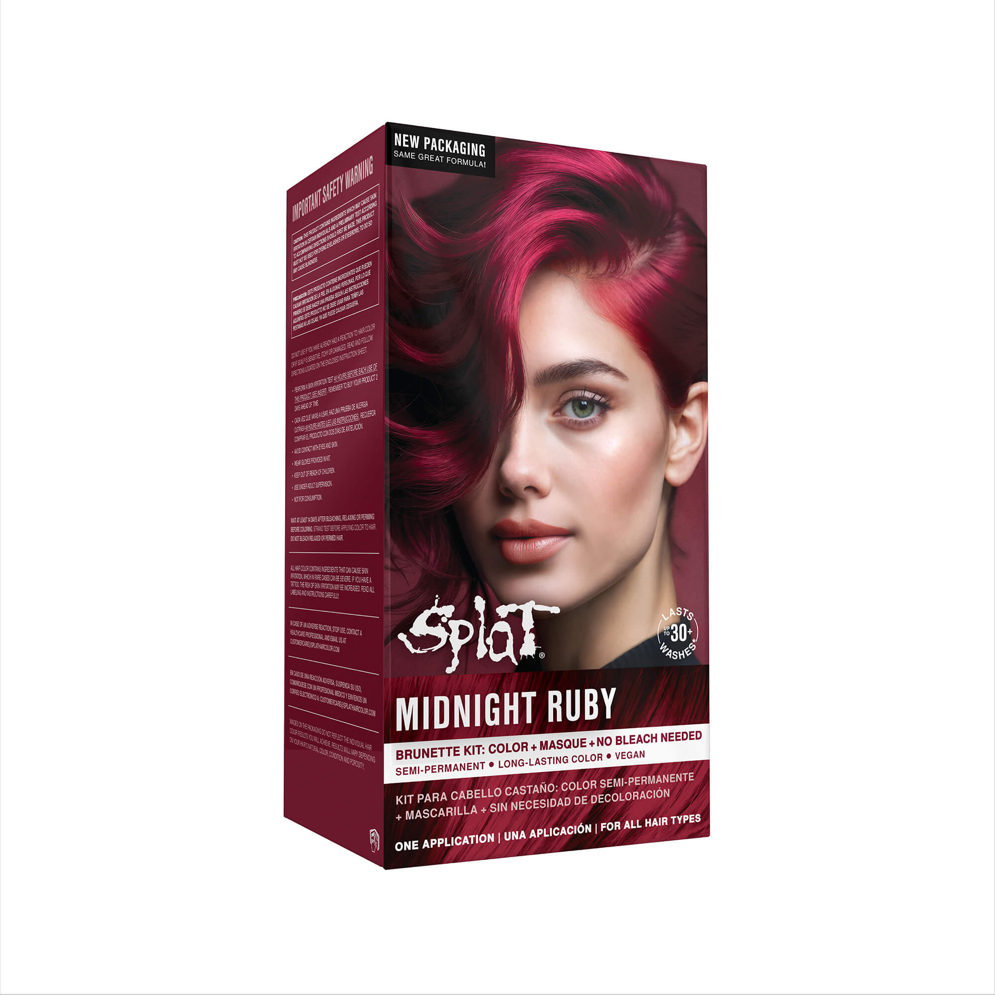 Splat Midnight Ruby hair dye box with a woman's face on a white background