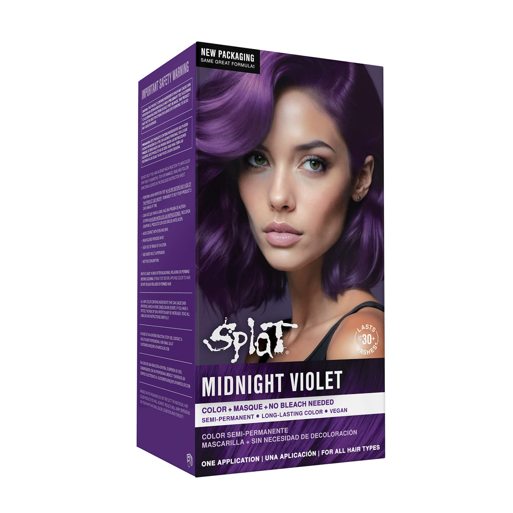 Box of Splat Midnight Violet hair color with a woman's face on the packaging.