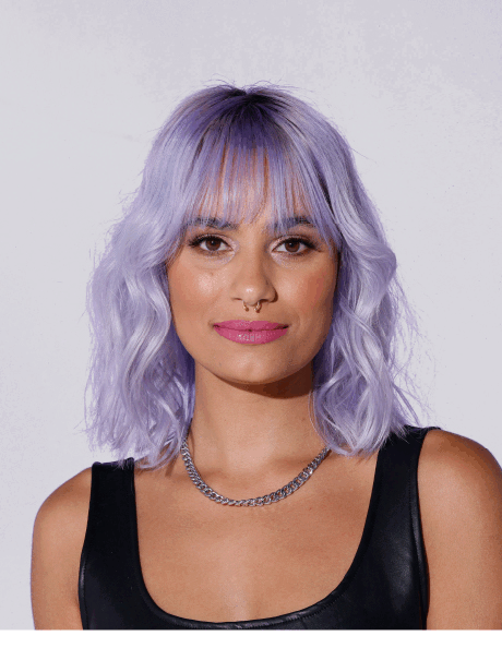 A photo of a model wearing  Splat Hair Color's Violet Toner Hair Dye before/after result