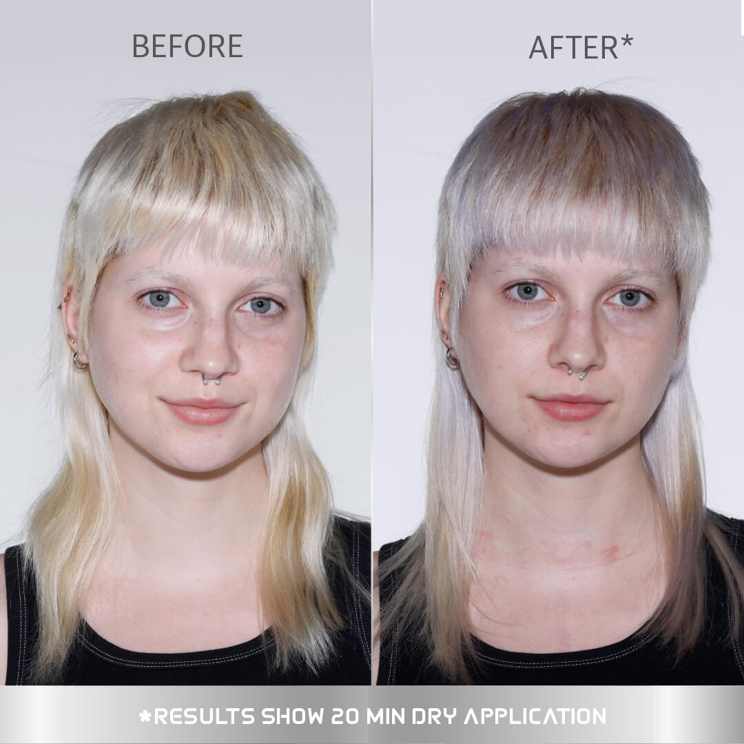 A photo of a model wearing Splat Platinum Blonde Hair Dye before and after front