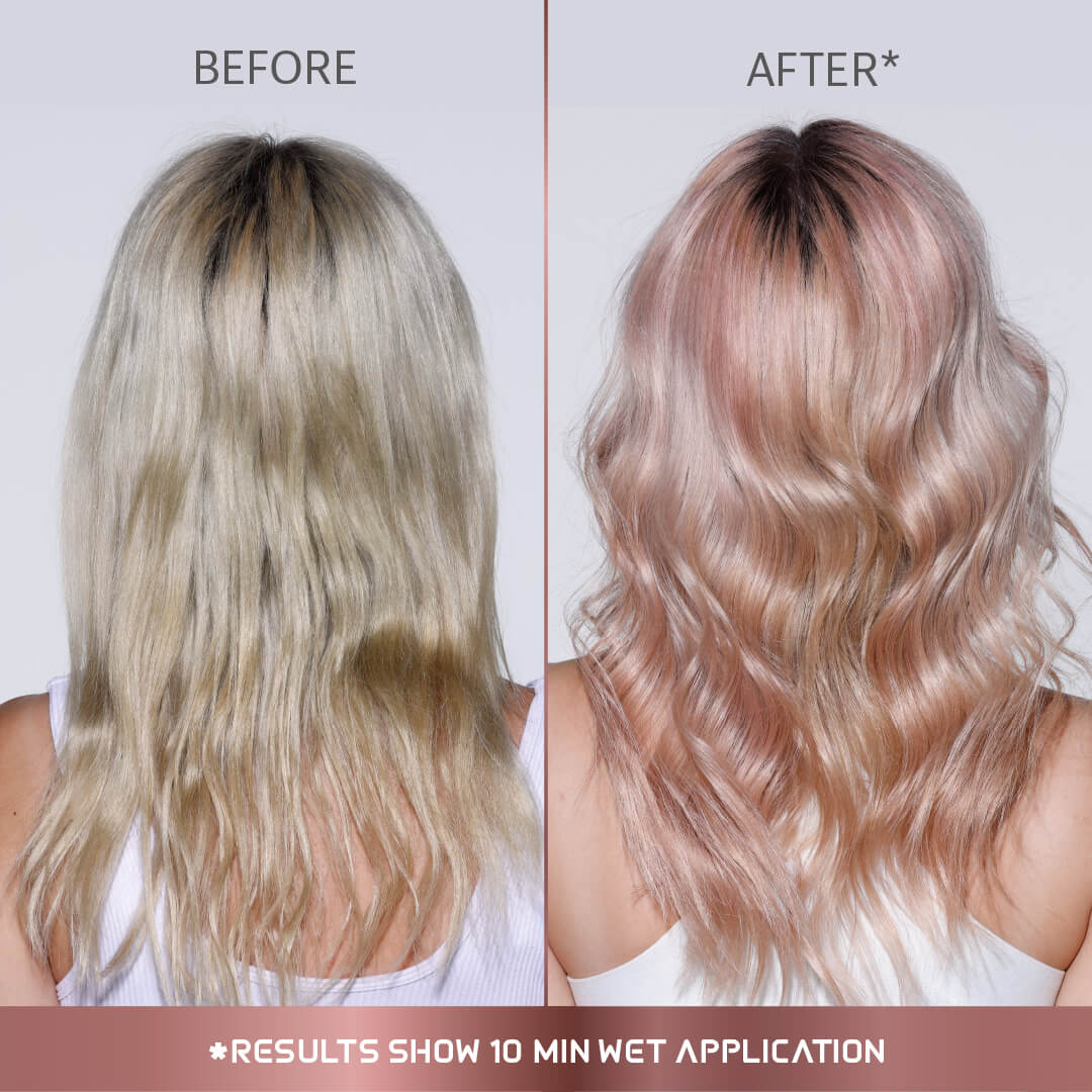 A photo of a model wearing Splat Rose Gold Hair Dye before and after back