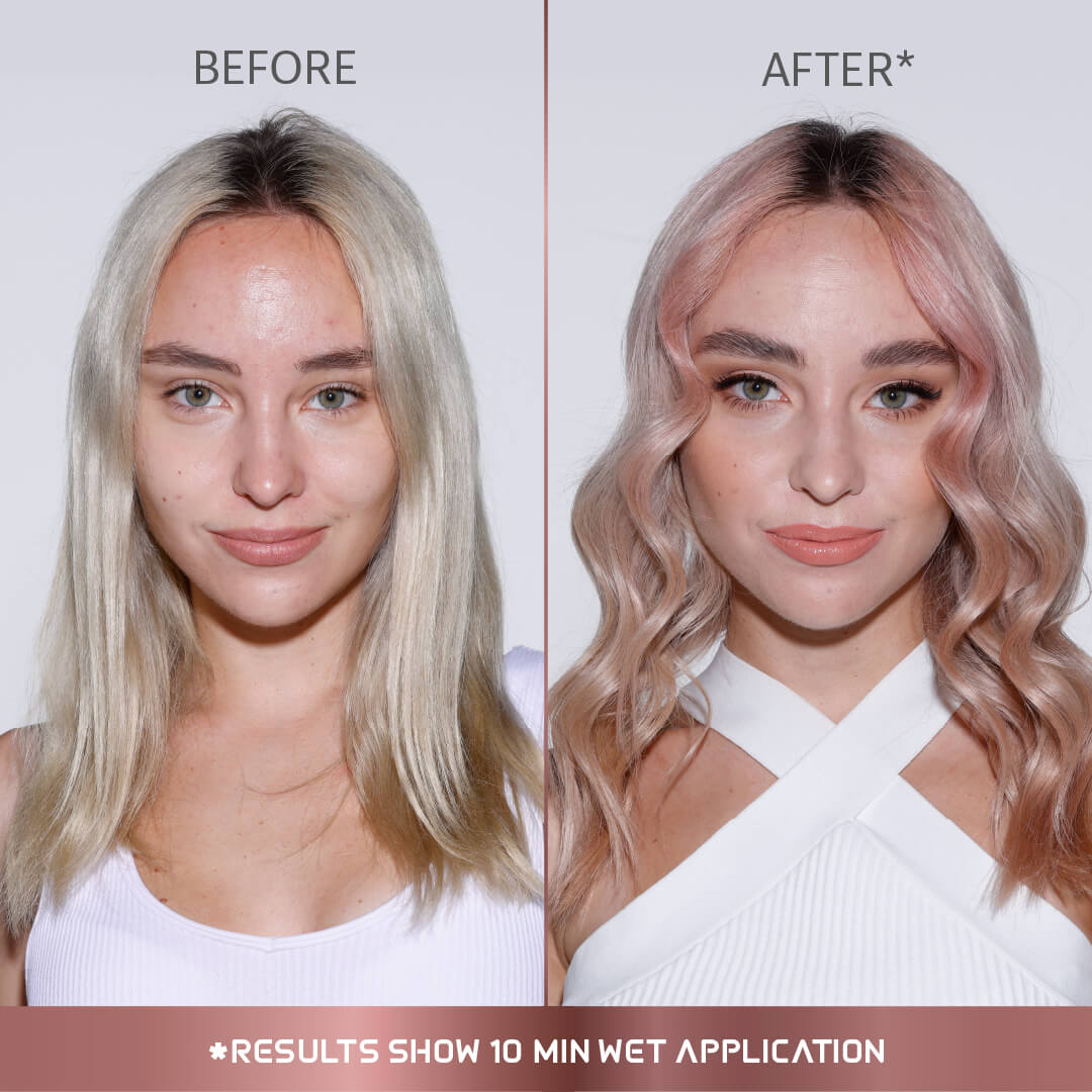 A photo of a model wearing Splat Rose Gold Hair Dye before and after front