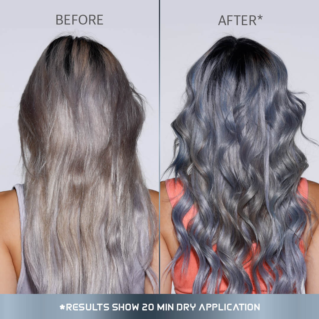A photo of a model wearing Splat Titanium Hair Dye before and after back