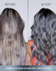A photo of a model wearing Splat Titanium Hair Dye before and after back