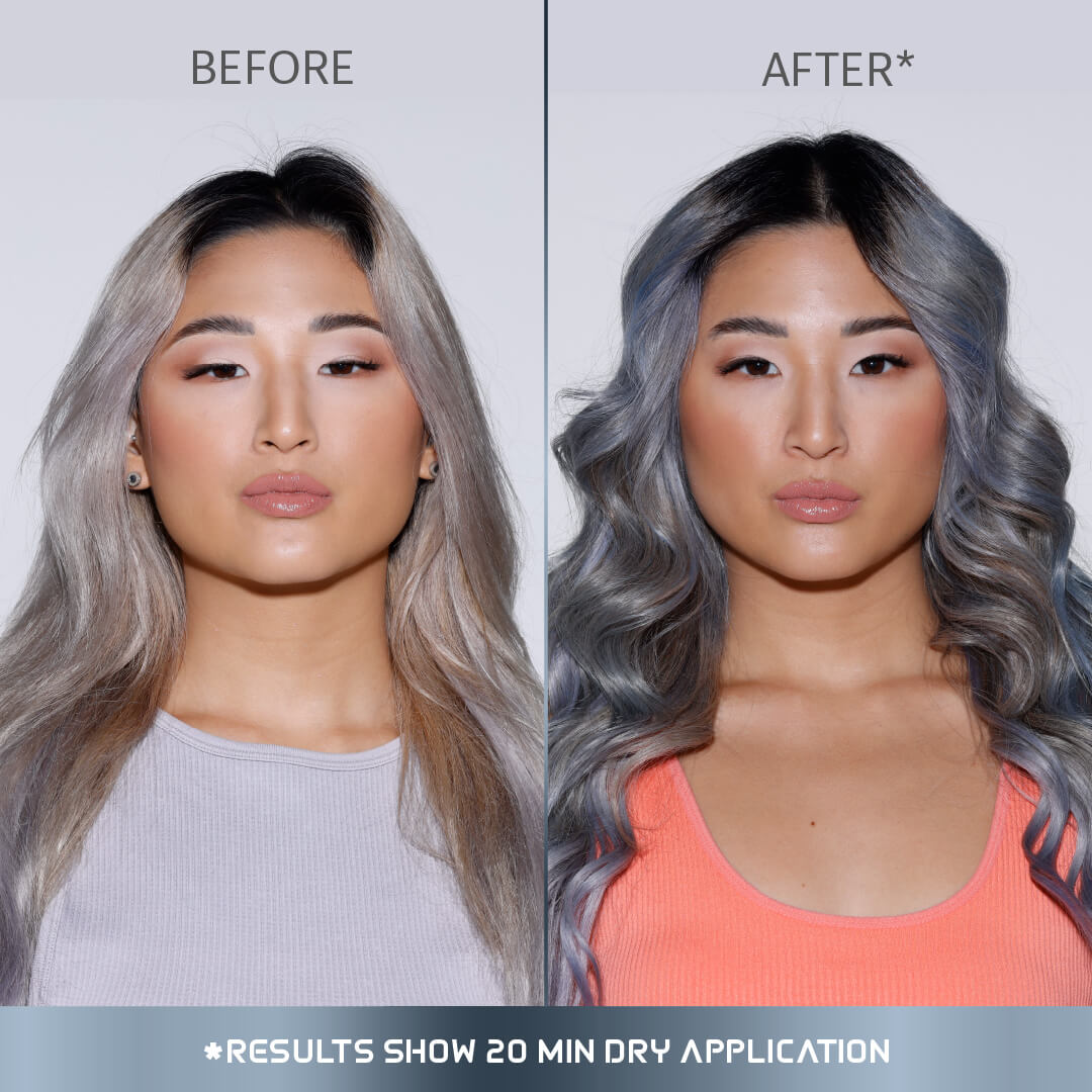 A photo of a model wearing Splat Titanium Hair Dye before and after front