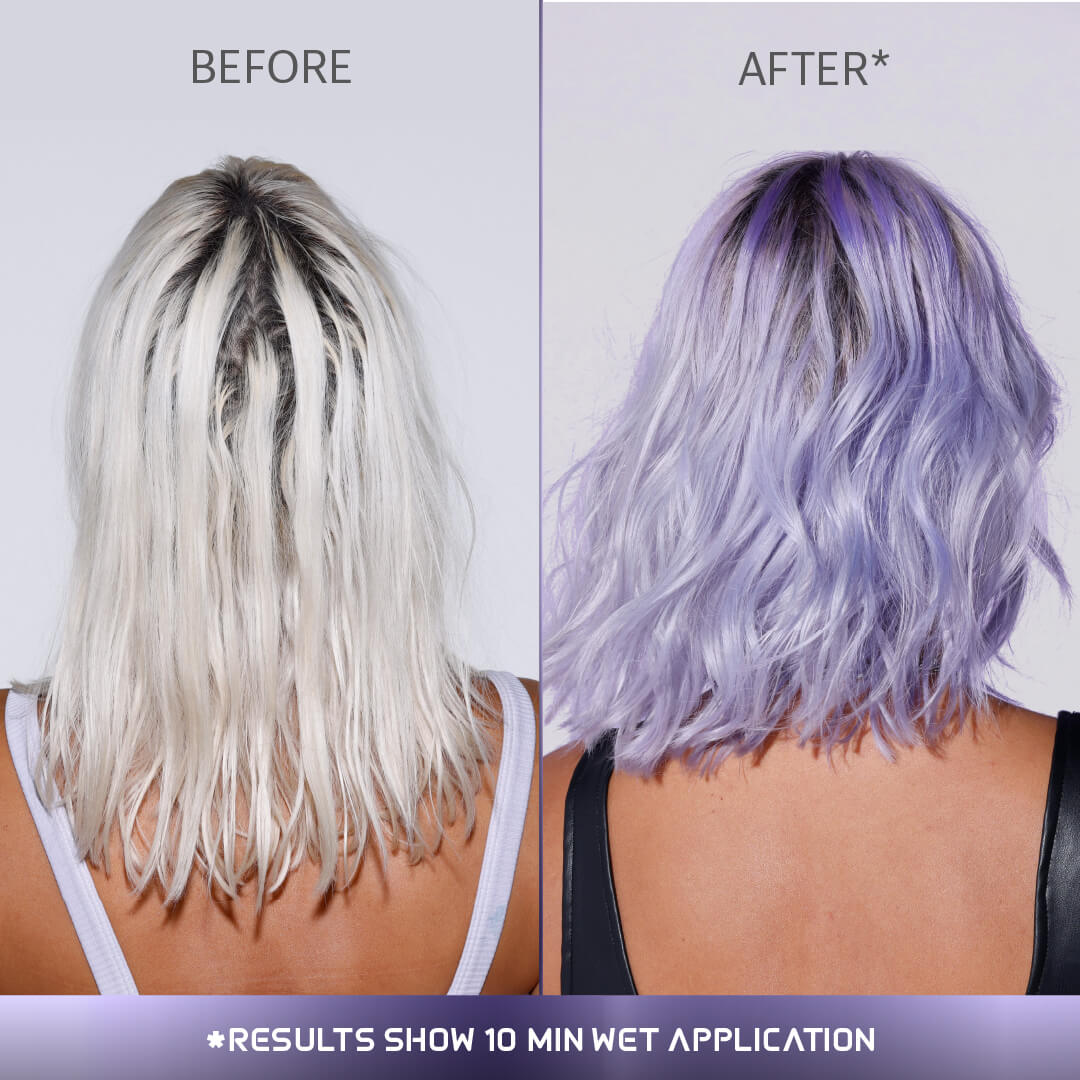 A photo of a model wearing Splat Violet Frost Hair Dye before and after back