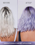A photo of a model wearing Splat Violet Frost Hair Dye before and after back