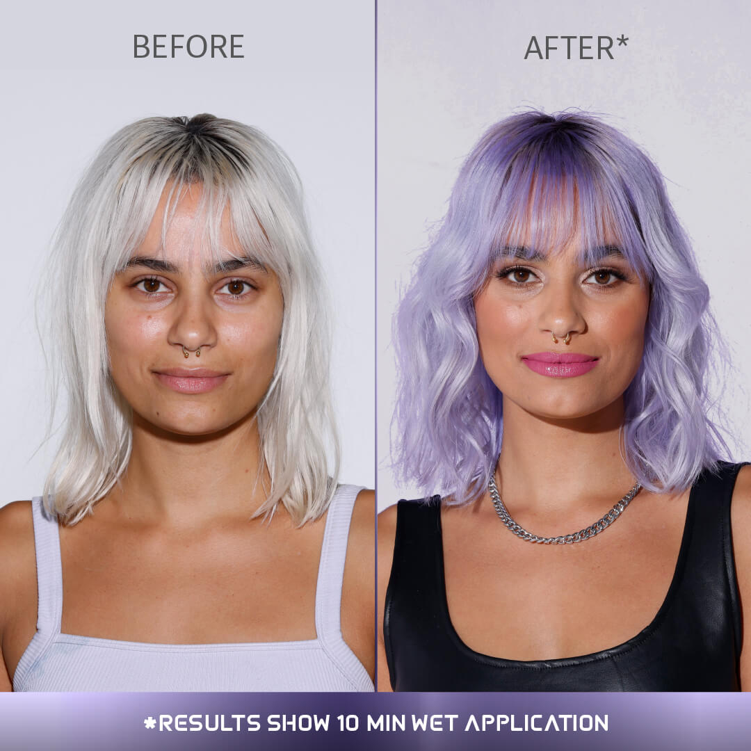 A photo of a model wearing Splat Violet Frost Hair Dye before and after front