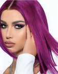 A photo of a model wearing berry blast and lightening bleach Hair Dye