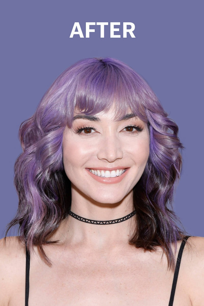 A photo of a model after wearing Purple Hair Dye