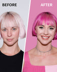 A photo of a model before and after wearing Color Crush Pink Hair Dye