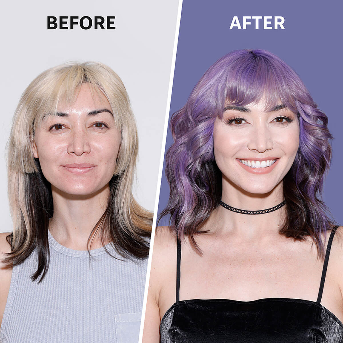 A photo of a model before and after wearing Purple Hair Dye