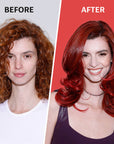 A photo of a model before and after wearing Color Crush Red