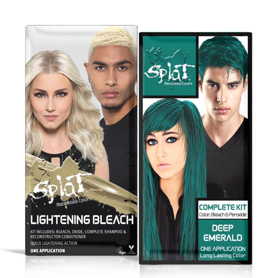 A box of Splat Hair Color's Deep Emerald & Lightening Bleach