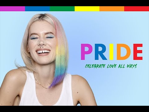 A photo of a model wearing multi color Splat Hair Dye for celebrating pride 