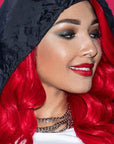 A photo of a model wearing Splat Hair Color's Lightening Bleach & Lucious Raspberries Hair Dye