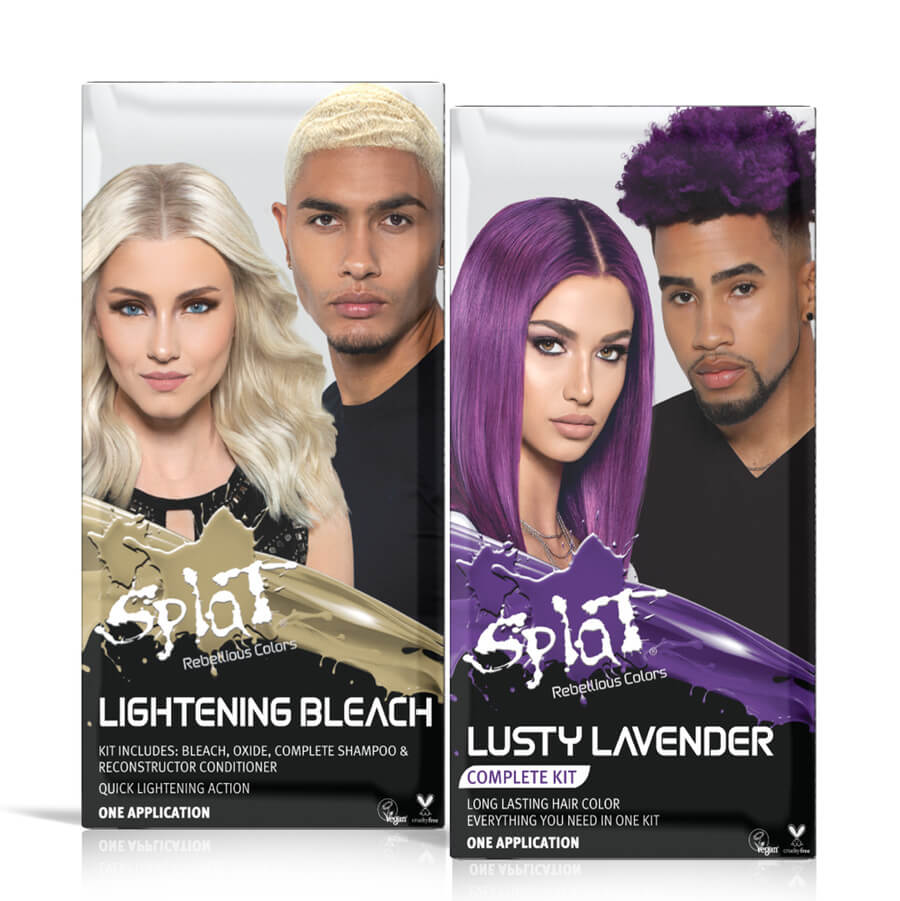 A box of Splat Hair Color's Lightening Bleach and Lusty Lavender Hair Dye