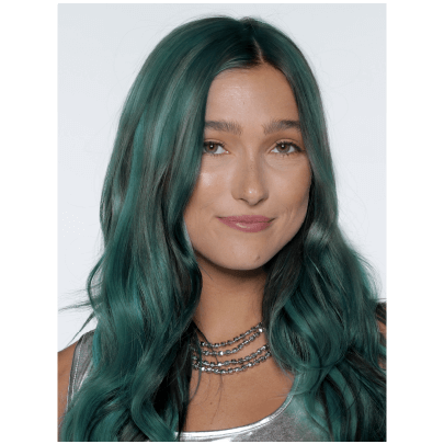 A photo of a model wearing  Splat Hair Color's Naturals Teal Hair Dye