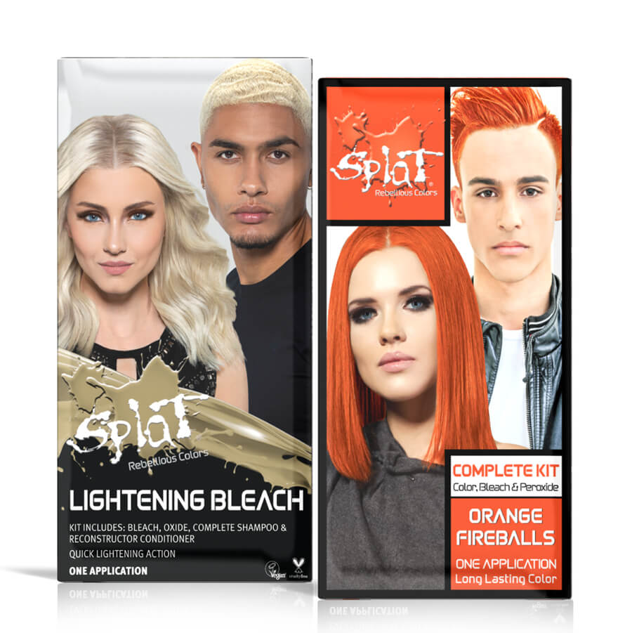 A box of Lightening Bleach & Orange Fireballs Hair Dye