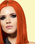 A photo of a model wearing  Splat Hair Color's  Lightening Bleach & Orange Fireballs Hair Dye
