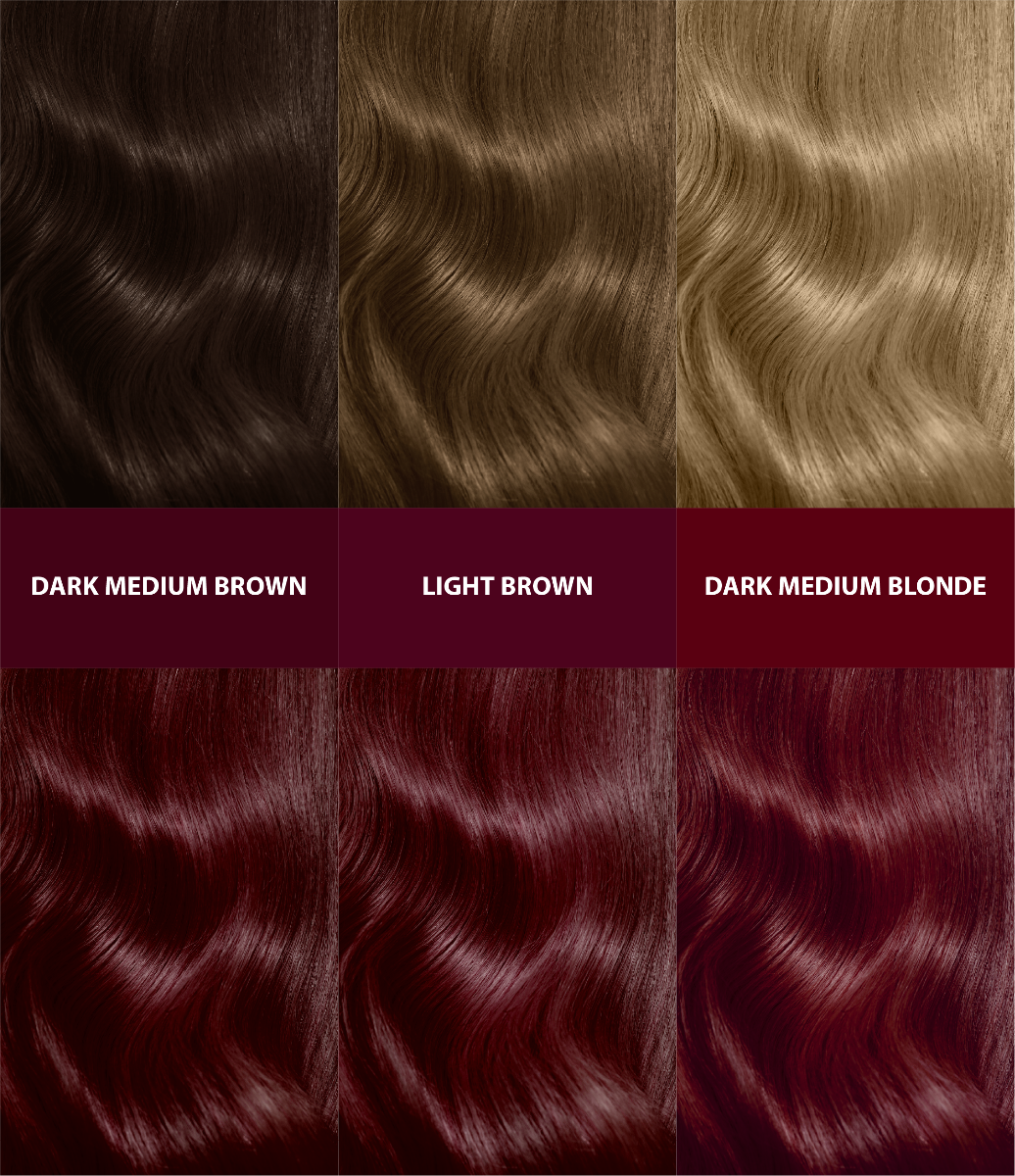 Double Lift Permanent Hair Color Plum Siren (Cool Red) Swatch Colors transformation results